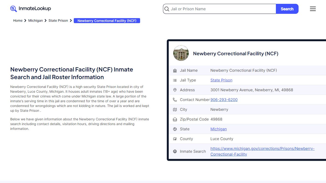 Newberry Correctional Facility (NCF) Inmate Search, Jail Roster ...